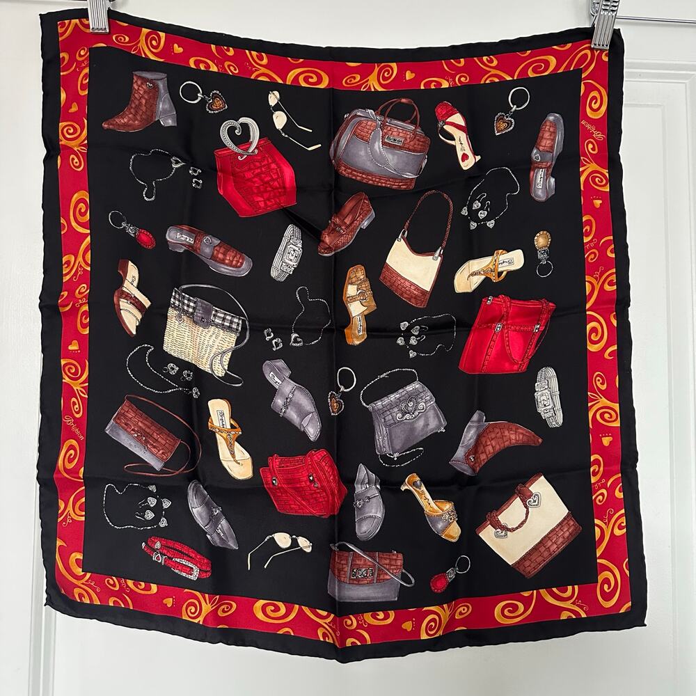 Brighton Vintage 100% Silk Black/Red Bags Shoes Accessories Shopping Motif Scarf